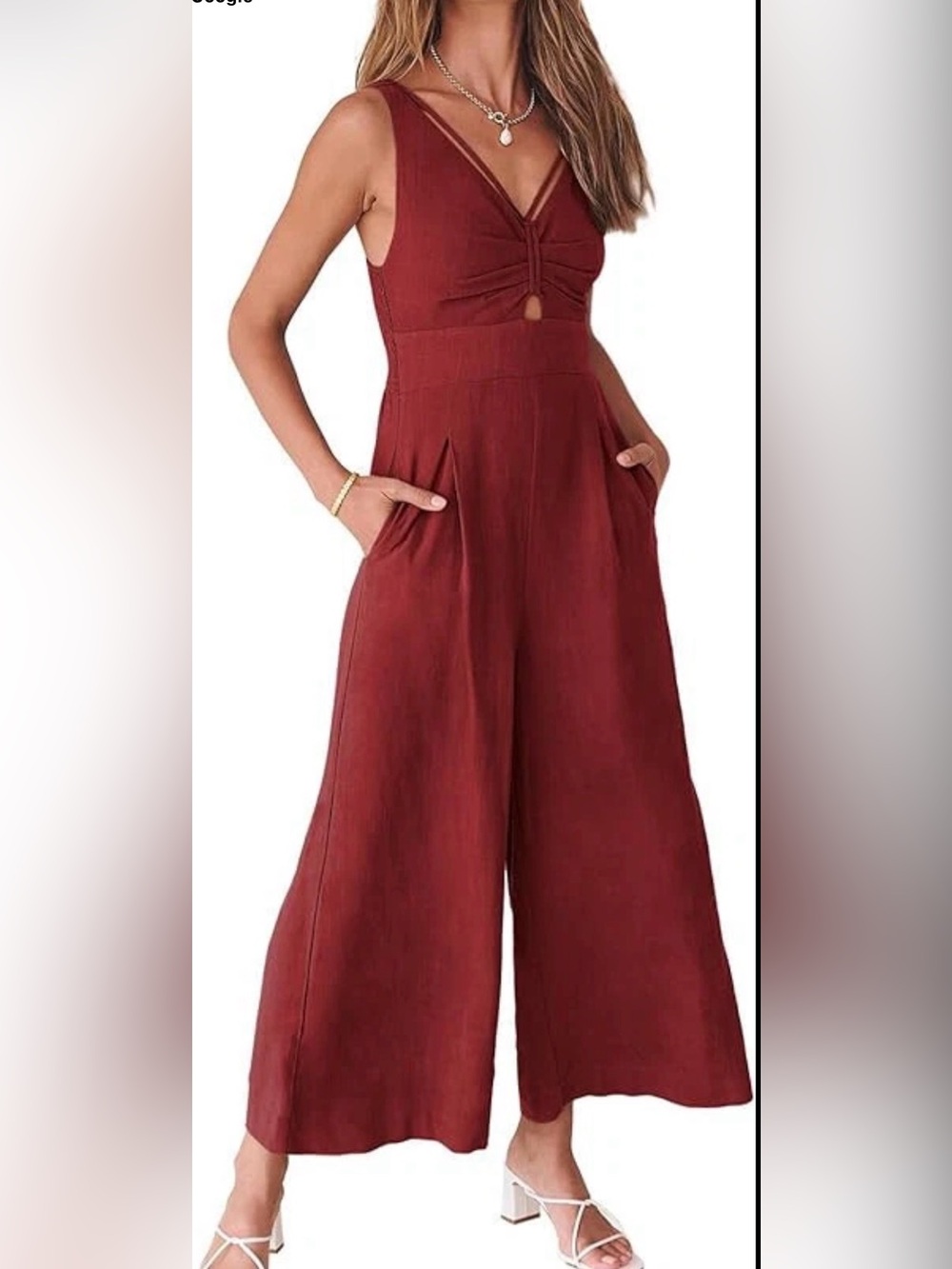 V-Neck Knot-Front Red Wide-Leg Jumpsuit